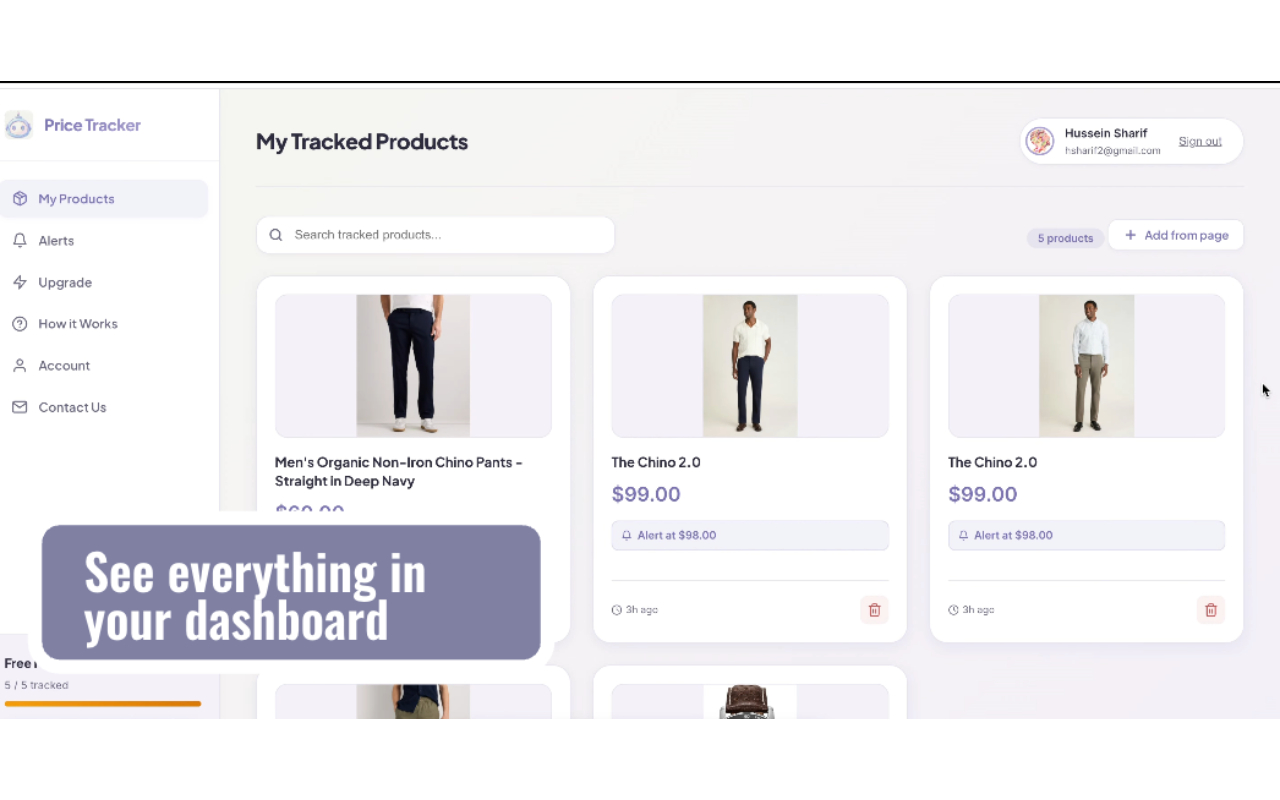 Very Big Price Tracker dashboard showing all tracked products