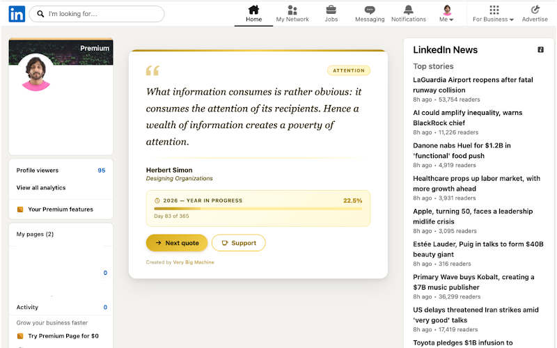 Simple LinkedIn Newsfeed Blocker — the LinkedIn newsfeed is hidden